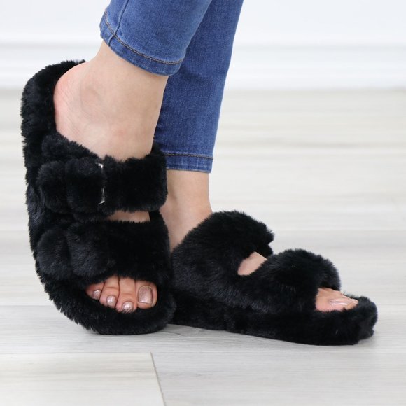 Black Puff Fuzzy Fluffy Slip On Plush Slippers Double Strap - Picture 11 of 16